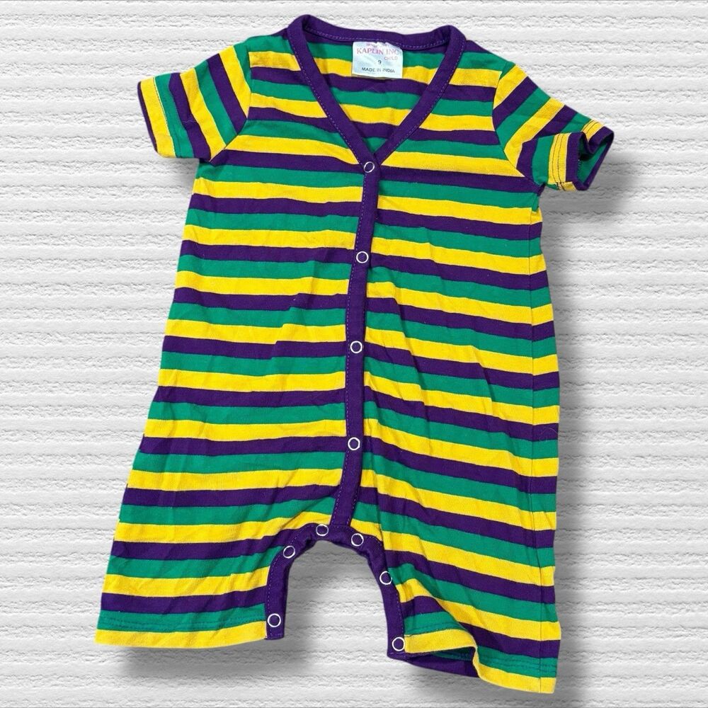 Mardi Gras Baby Romper Size 9 Striped Purple Green Yellow Carnival Outfit